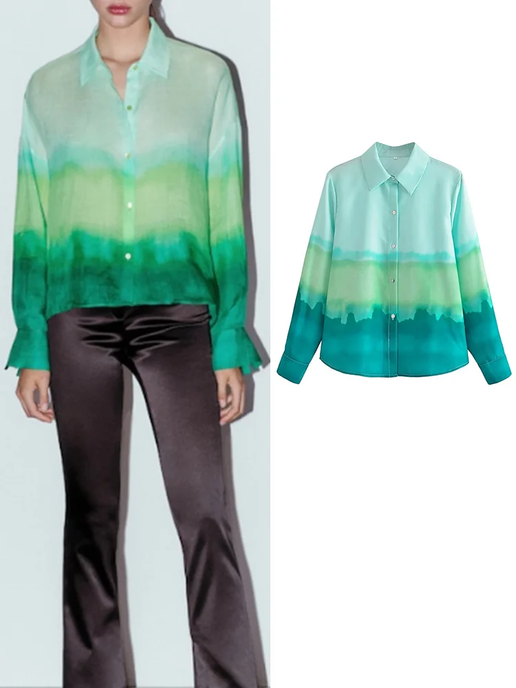 

TRAF 2022 Summer Women Tie Dye Blouses Shirts Thin Long Sleeve Chic Vintage Tops Single Breasted Turn Down Collar T-Shirts