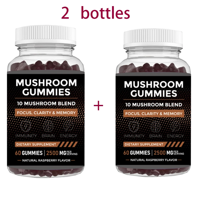 

2 Bottles Lion Mane Mushroom Gummies Enhances Immune Function Prevents Dementia Antioxidants Improves Mental Health 60 capsules