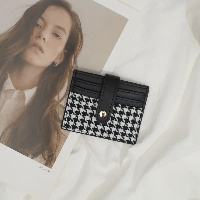 Women's Wallet Fashion Short Buckle Contrasting Color Folding Houndstooth Clutch Purse Ladies Multi-card Card Holder Coin Purse