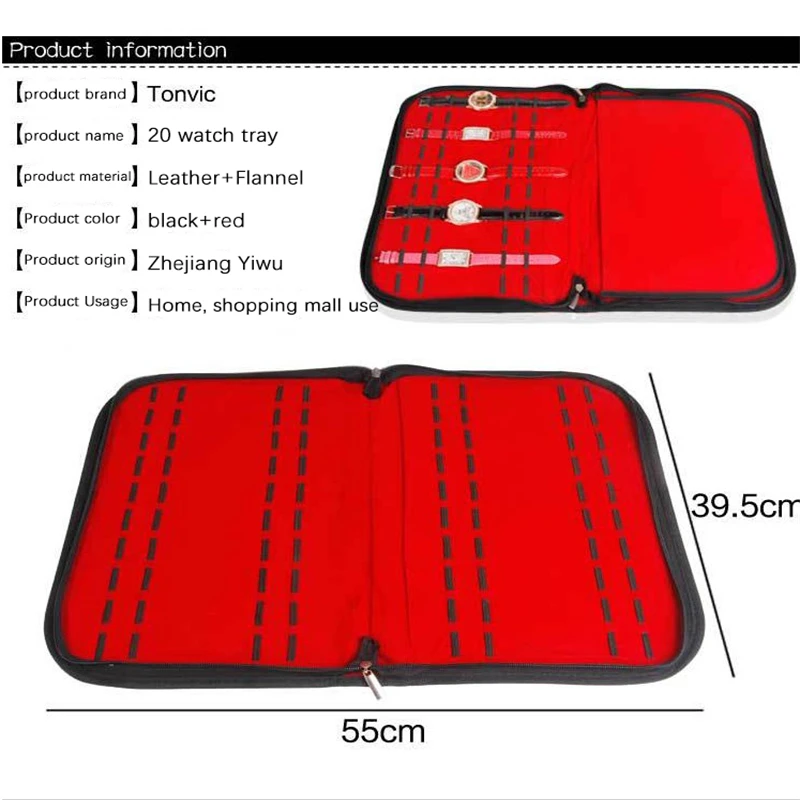 Multifunction Portable Watch Strap Organizer Leather And Flannel Watch Travel Case Pouch Black Red T1301 Wholesale