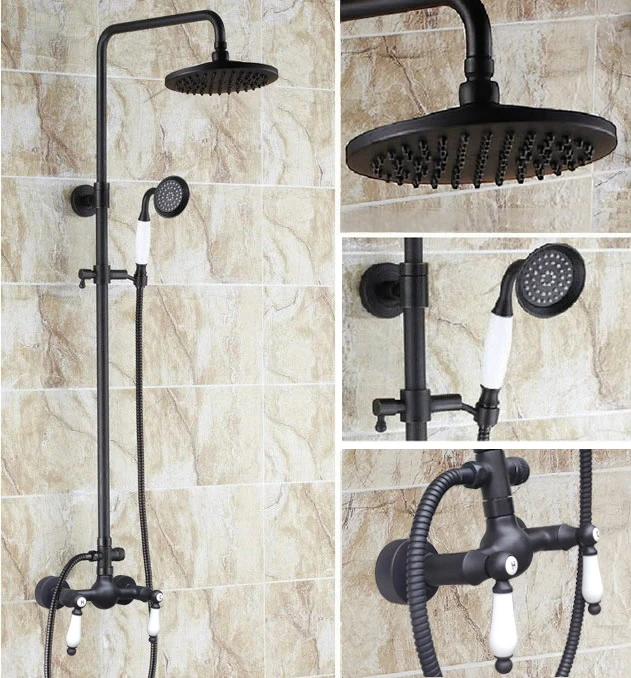 

Латунный Смеситель для ванной комнаты с черной отделкой и двумя ручками, набор для ванной комнаты, настенный дождевой/ручной душ, набор 2rs474