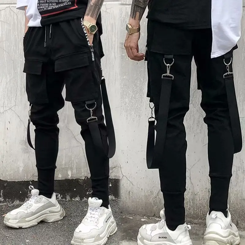 

Men Cargo Pants Black Ribbons Block Multi-Pocket Harem Joggers Harajuku Sweatpant Hip Hop Casual Harem Tide Male Trousers