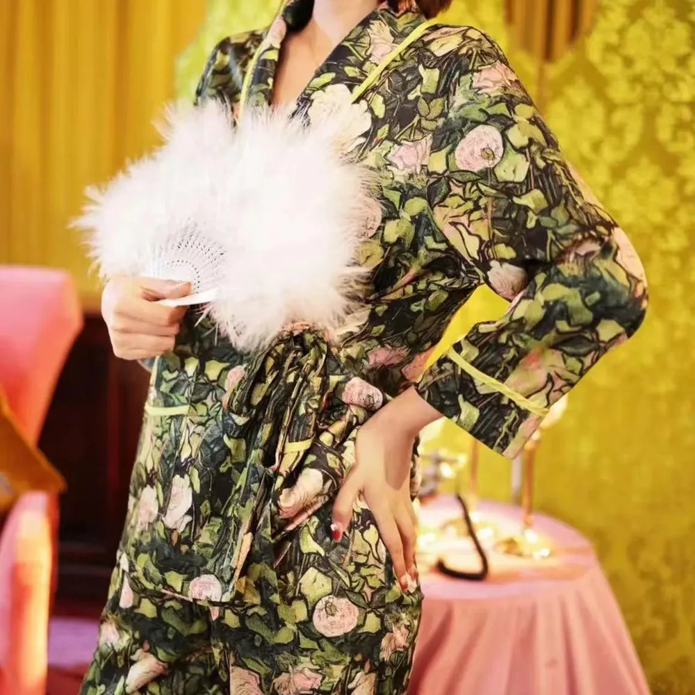 Floral Satin Sleep&Lounge Long Sleeve Pants Homewear Suit Women's Pajamas 2 Pcs Set Rosa Bush