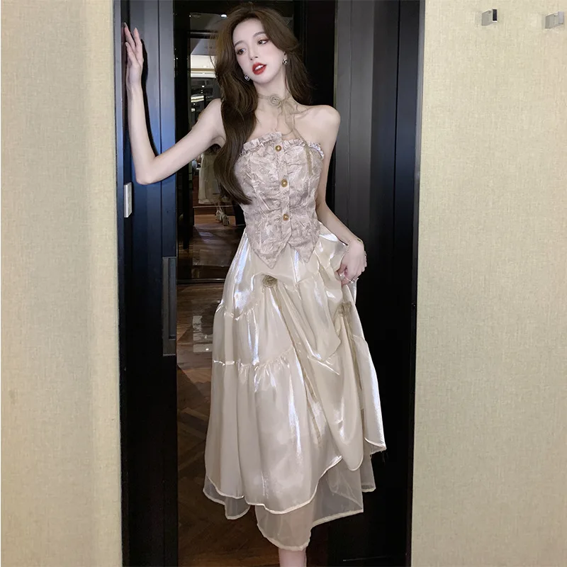 

2022 Summer New Women's Midi Tube Top Dress French Sexy Slim Backless Design Mesh A-Line Skirt Fashion Elegant Ladies Clothes