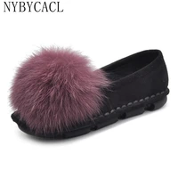 spring and autumn womens casual shoes fashion flock fox hair warm winter flats slip on loafers winter with pompons size 3640