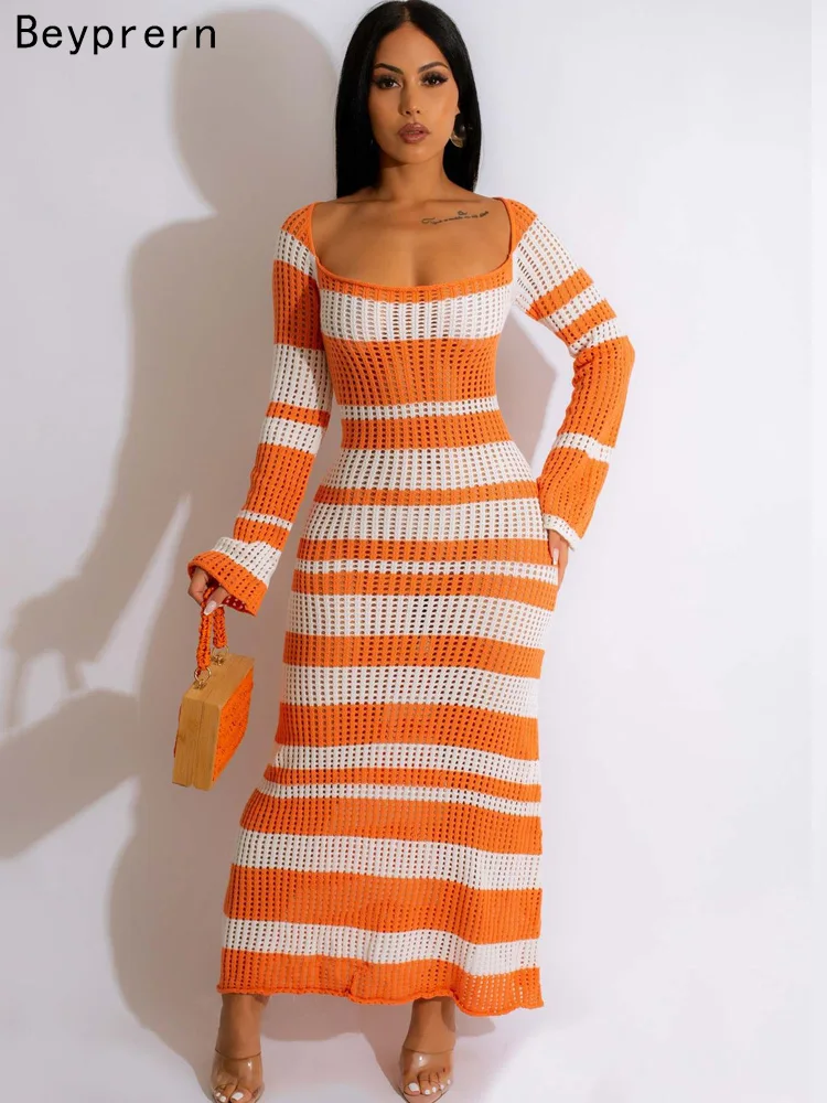 

Beyprern Last First Kiss Crochet Maxi Dress Elegant Long Sleeve Striped Sweater Long Dress Party Club Wear Vacation Outfits