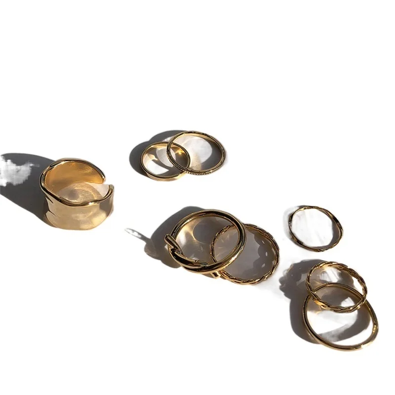 7pcs Fashion Punk joint Ring Set Geometric Twist Minimalist Jewelry Metal circular golden ring for women Street dance Accessiory