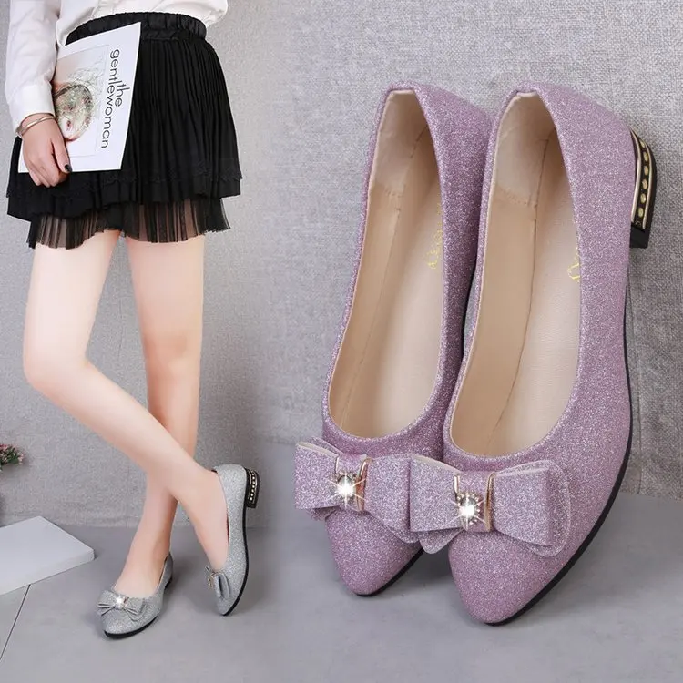 

Single Shoe Women's Summer Korean Version Low-heeled Baitao Butterfly Knot Shoes Shallow Sequined Flat-soled Leisur14