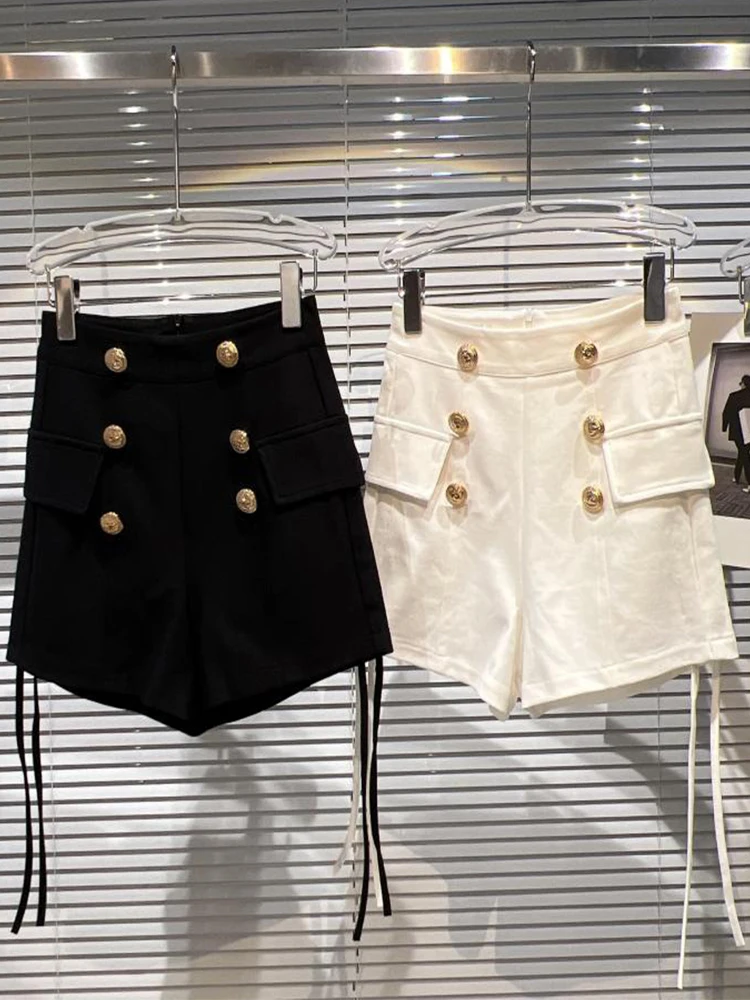 

HIGH STREET Newest 2022 Designer Fashion Lion Double Row Buttons Double Drawstring High Waist Shorts