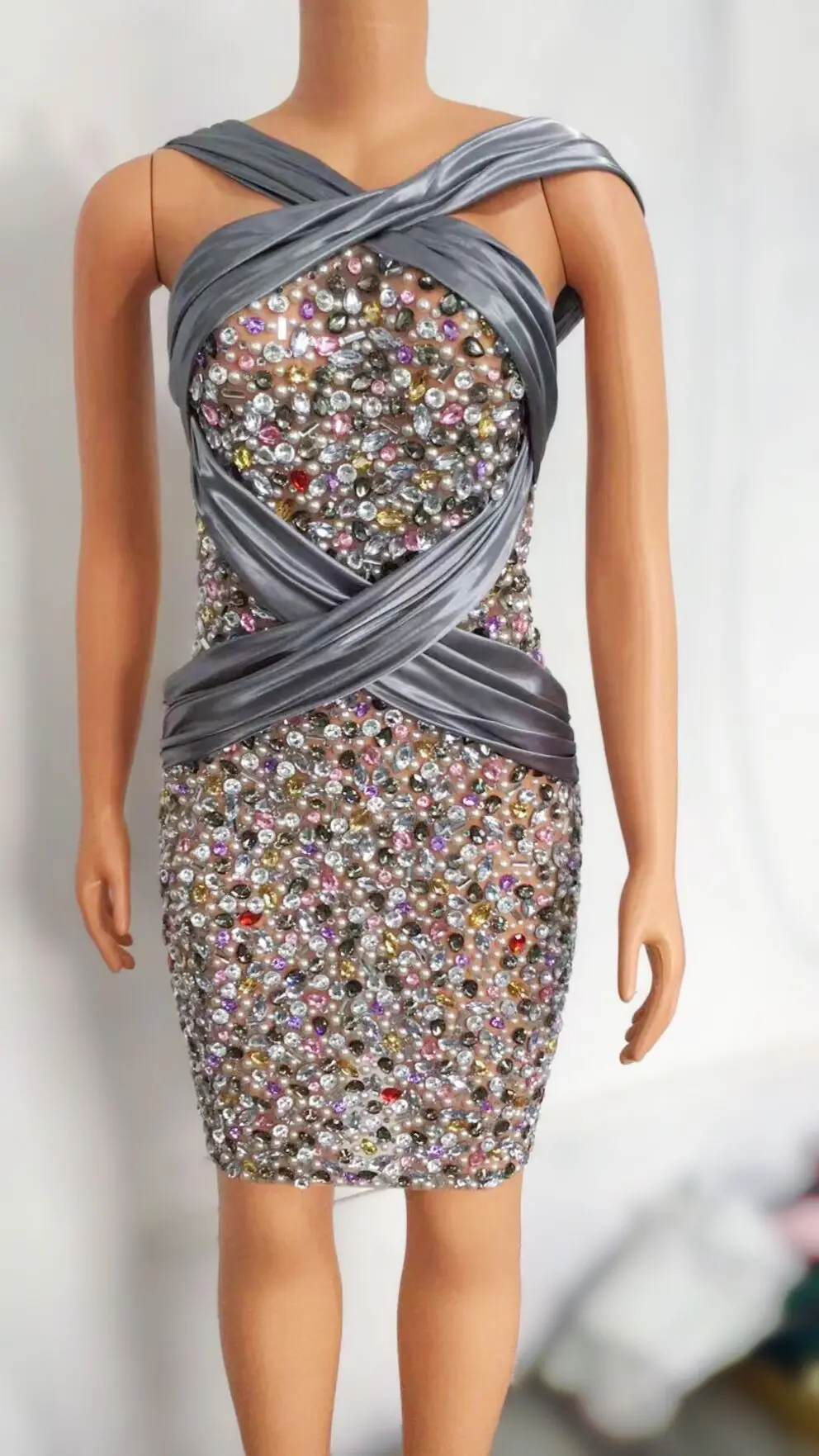 

BLING Colorful Crystals Bandage SEXY Dress Birthday Evening Prom Party Clothes Female Singer Show Rhinestones Costume