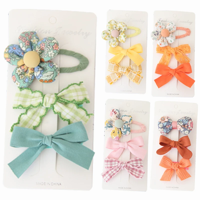 

3Pcs/Lot Girls Hair Clips Ribbon Bow-knot Toddlers Handmade Bows Barrettes Hairpins Floral Plaid Dot Kids Hair Accessories