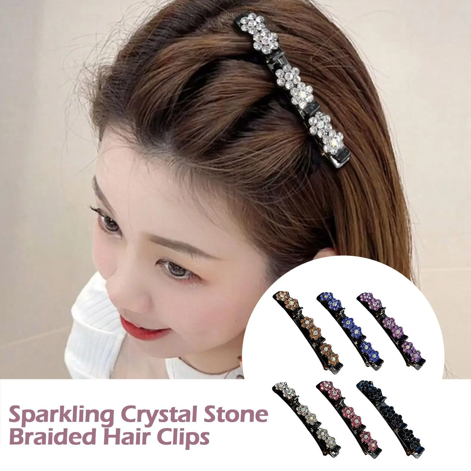 

Sparkling Crystal Stone Braided Hair Clips, Satin Rhinestone Fabric Hair Bands Womens Double Bangs Twist Plait Duckbill Hairpin