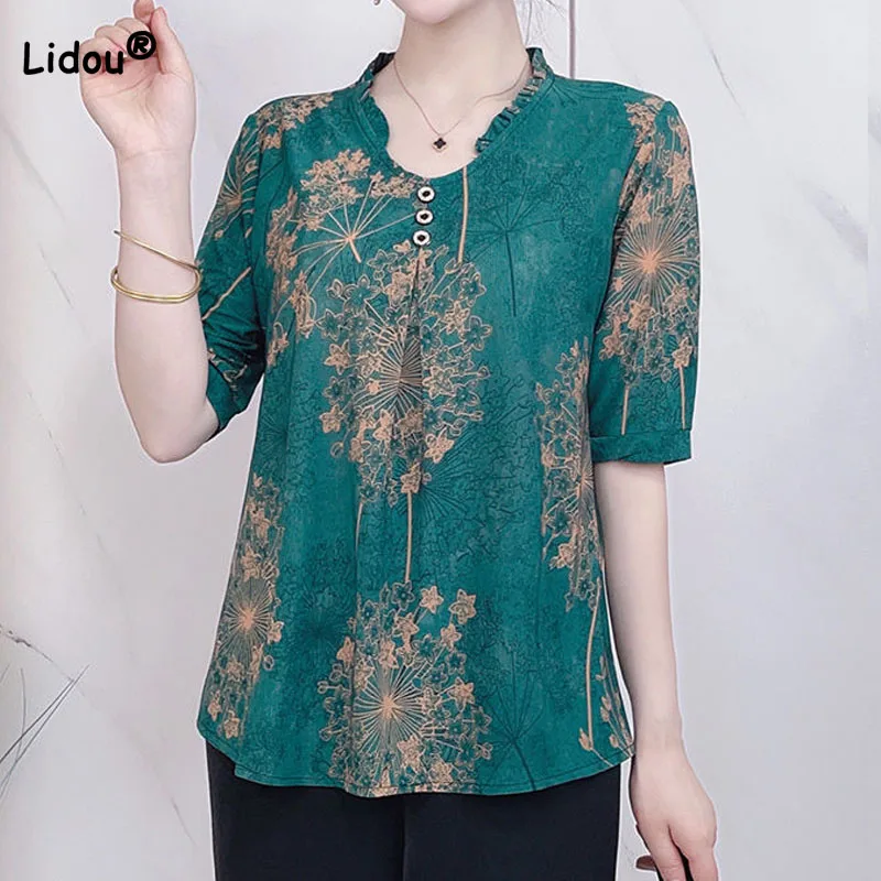 

Summer Women's Vintage Loose Button Spliced T-shirt Fashion All-match Casual Half Sleeve Printing Pullovers Tops Female Clothing