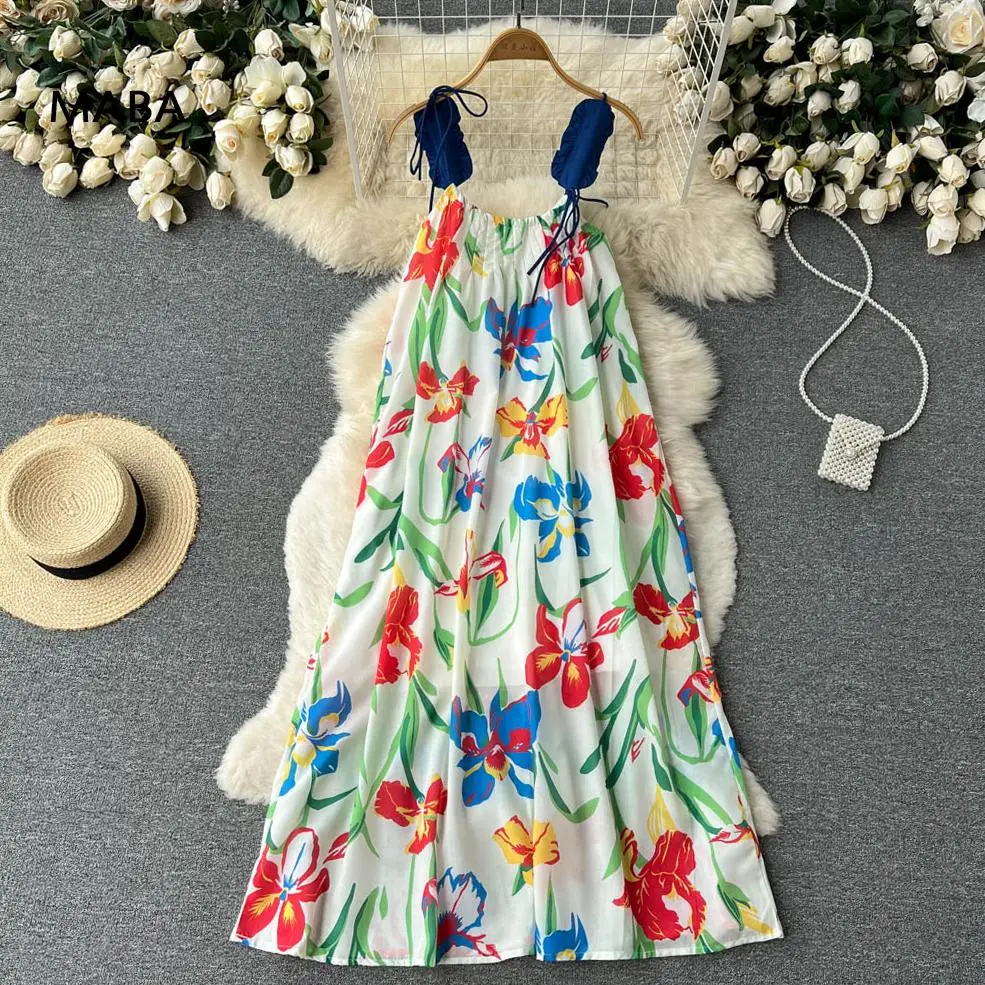 

Women Beach Style Holiday Spaghetti Strap Long Dress Summer New Sleeveless Loose Elegant Floral Print Boho Open Back Sundress