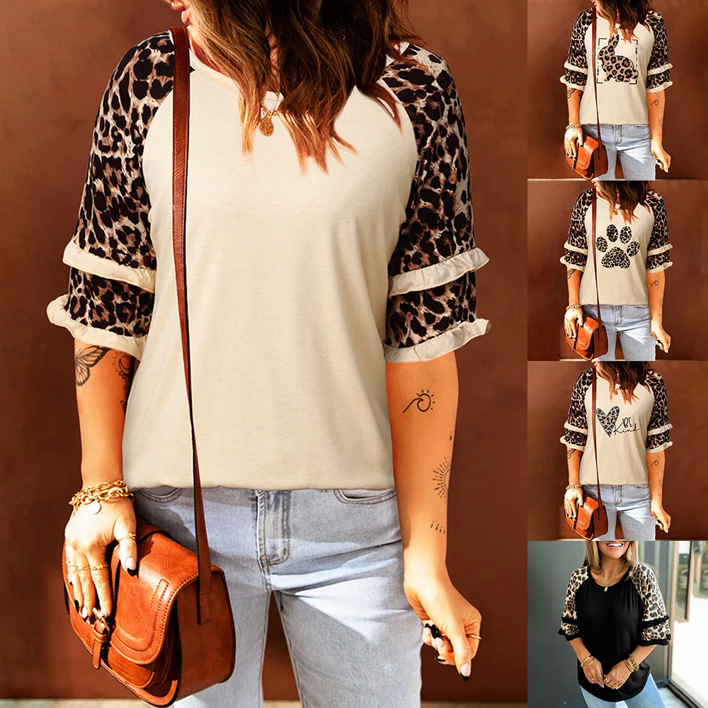 

New Spring and Summer Leopard Print In Europe and America with Five Sleeves and Round Neck Loose Casual T-shirt Female OM9982