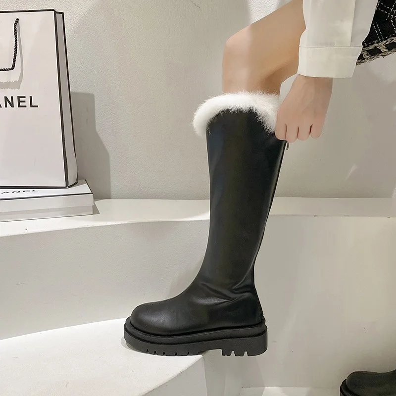 2023 New Winter Knee High Boots Women's Solid Color Platform PU Leather Shoes Ladies Zipper Plush Mouth Casual Boots