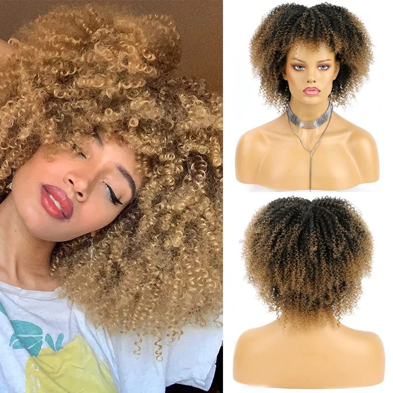 

Афро кудрявый парик Belle Show с челкой, натуральные волосы Омбре, смешанные коричневые синтетические африканские парики, короткие кудрявые вьющиеся парики для женщин