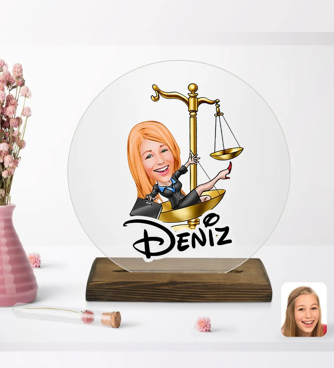 

Personalized women's lawyer cartoon 4 with wooden stand Biblo-4