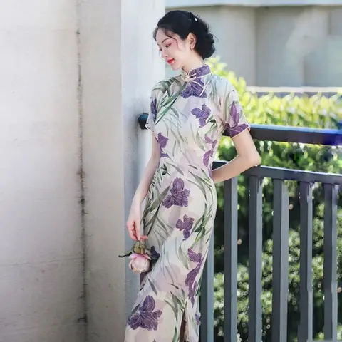 Фиолетовое винтажное платье Ципао  Cheongsam