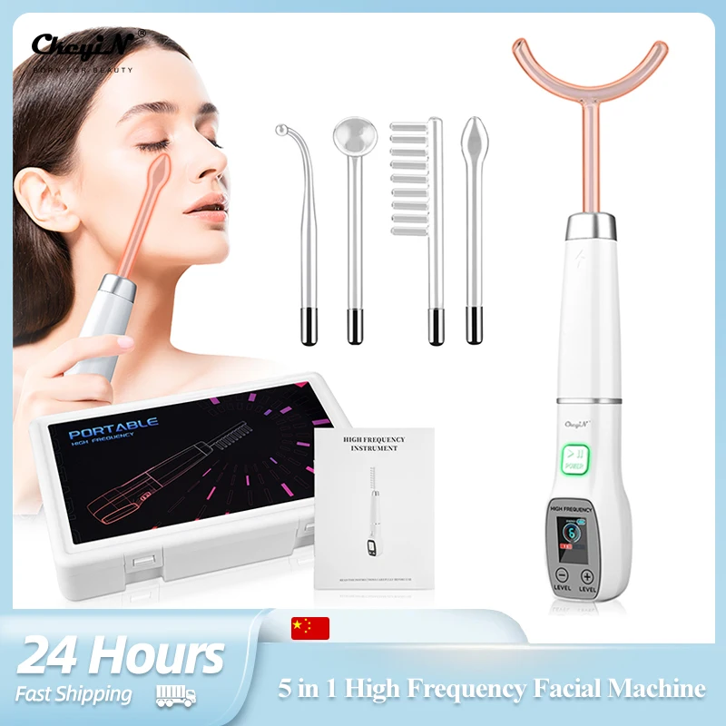 CkeyiN 5 in 1 High Frequency Facial Machine Vibration Massager Anti Wrinkle Remove Acne Electrotherapy Device Skin Care Tools