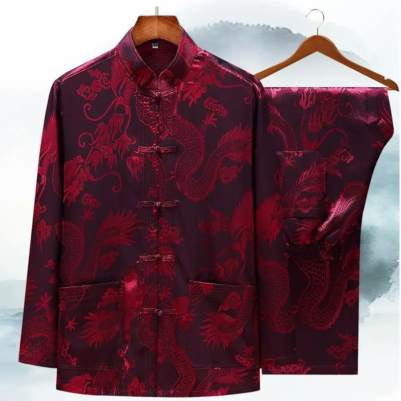 Традиционный китайский Шелковый атласный костюм Тан на весну-лето мужская