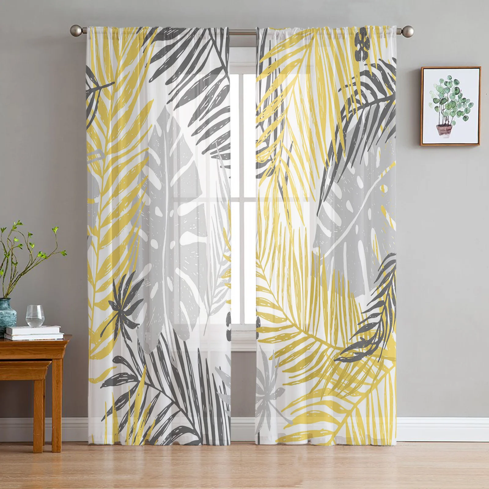 

Palm Leaves Yellow Gray Chiffon Sheer Curtains for Living Room Bedroom Home Decoration Window Voiles Tulle Curtain