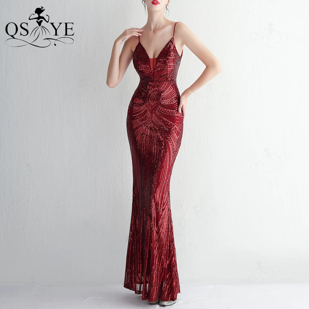 

QSYYE Burgundy Evening Dresses Mermaid Pattern Lace Sequin Prom Gown Spaghetti Straps Backless V Neck Woman Fit Formal Dress