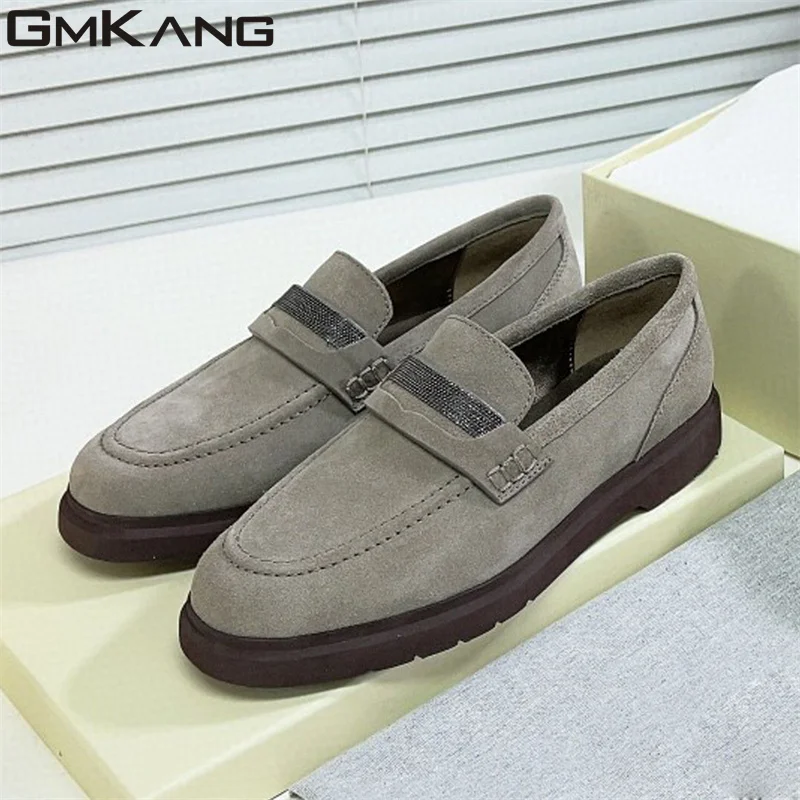2023 New Flat Shoes Women Cow Suede British Style Shoes Chain Decorate Loafers Woman Casual Comfort Walk Shoes Woman
