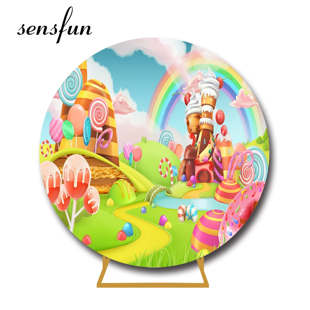 Sensfun-Fondo de arcoíris Candyland para fiesta de cumpleaños de niñas, cubierta de fondo redondo, Cany Bar, círculo elástico personalizado