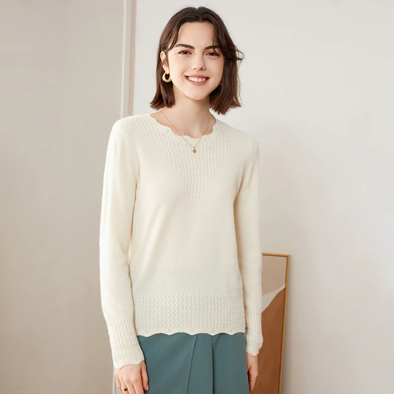 New Autumn And Winter 100% Cashmere Knitted Lace Collar Triangle Jacquard Solid Color Casual Bottoming Sweater