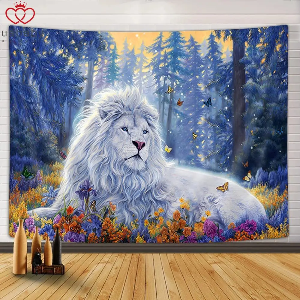 

Lion Tapestry Lion Safari Theme Flowers and Wild Animals Butterfly Oil Painting Decor Tapestry Wall Hanging, Fantasy Tapestries