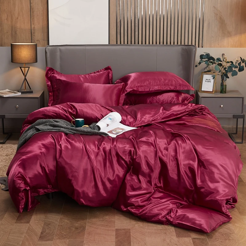 

Solid Color Imitation Silk Four-Piece Bedding Single Double Quilt Cover Sheet Can Sleep Naked Ice Silk Bed Linen Three-Piece Set
