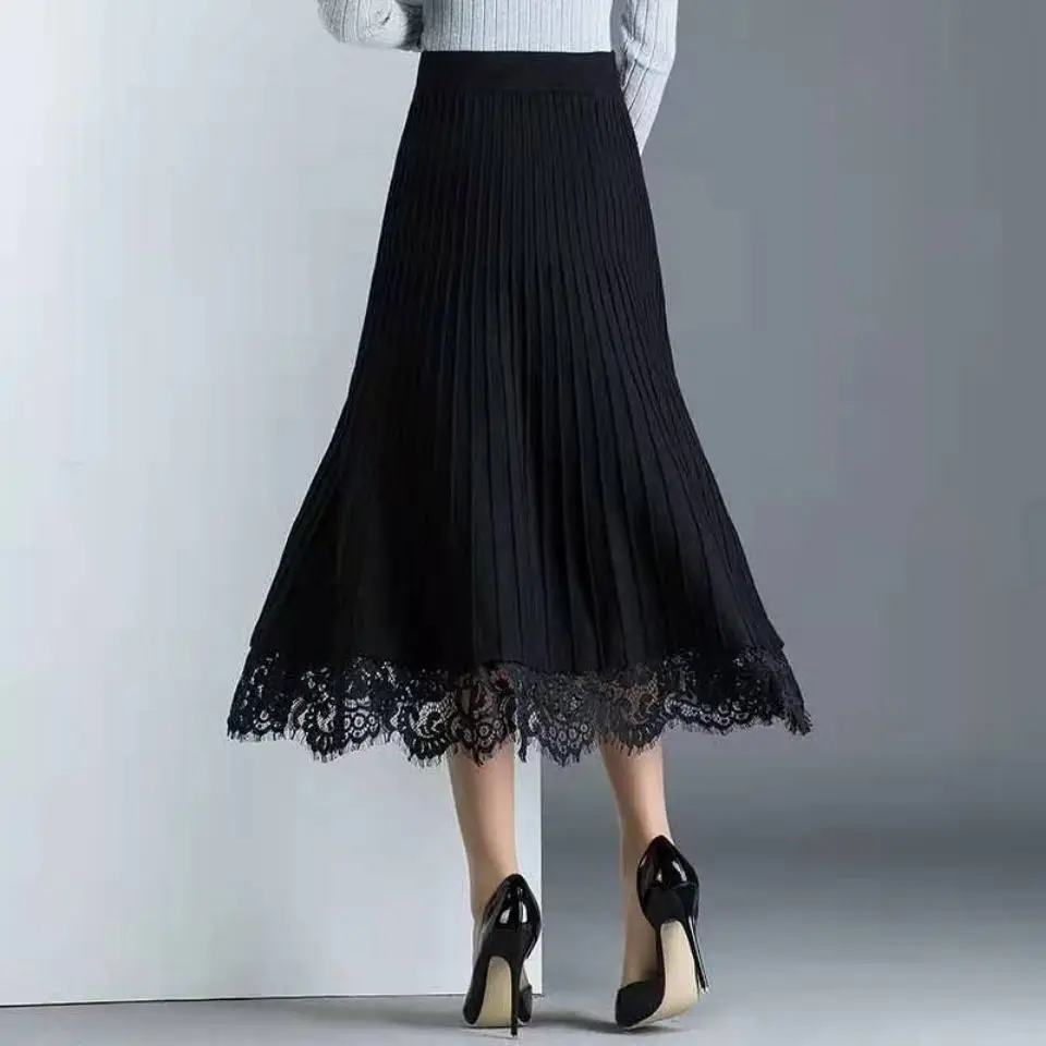 

Striped Mid Long Skirt Women Fall Winter 2023 Korean Lace High Waist Casual Loose Office Lady Clothes Bottoms Long Skirt Q38