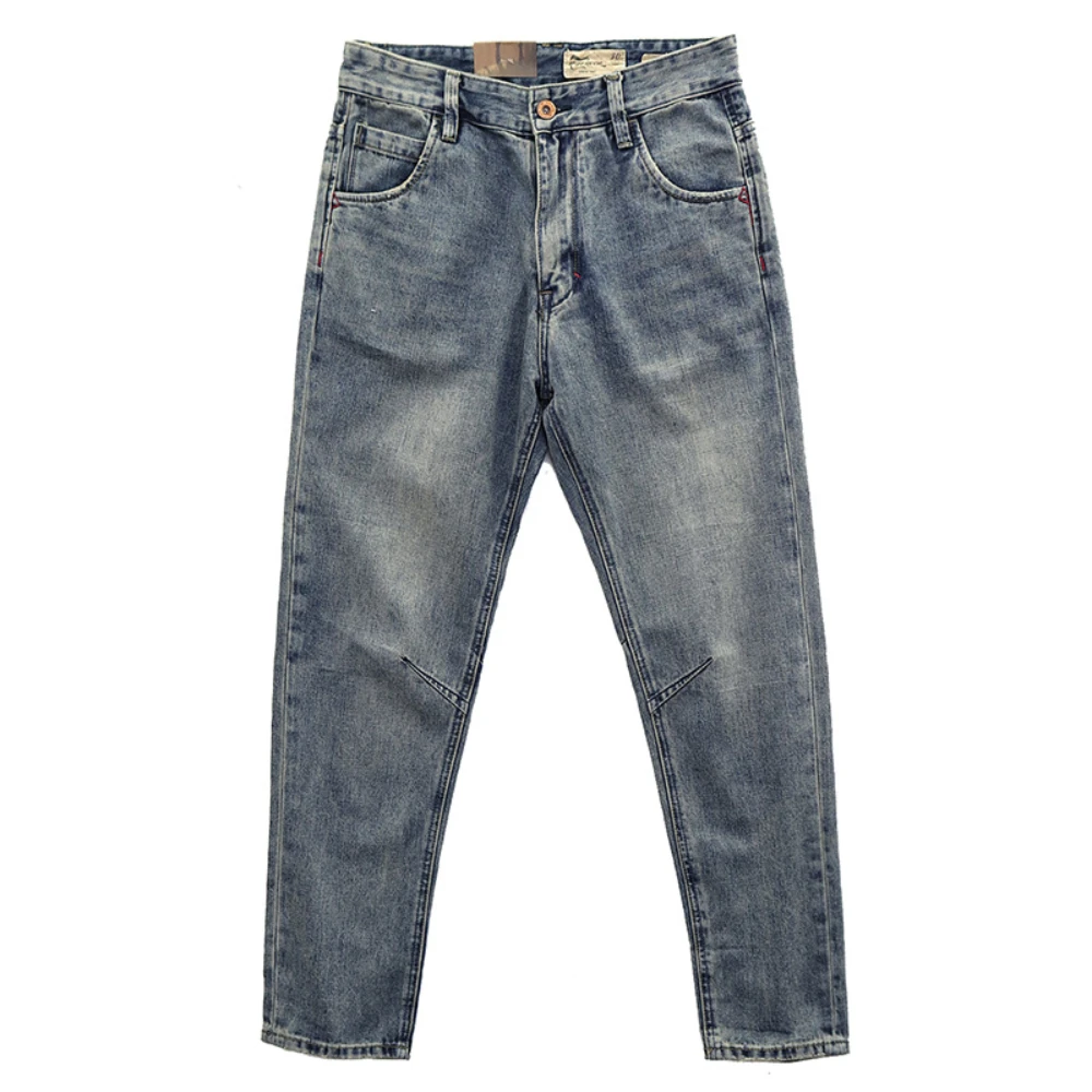 Retro American denim trousers men's Ami Kaji sand wash old slim small straight washed jeans.
