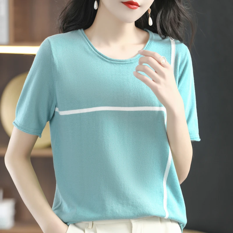 

Summer New Thin 100% Pure Cotton Short-Sleeved Sweater Women's Round Neck Pullover Half-Sleeved T-Shirt Cross Pattern Tops