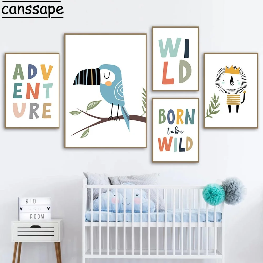 Мультяшный постер Лев птица крокодил холст искусство живопись буквы печать