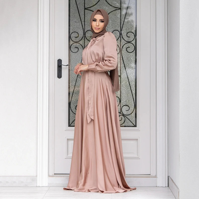 Ramadan Muslim Satin Maxi Dress Long Sleeve Hijab Women 2022 Solid Color Abaya Dubai Islam With Belt Traditional Arabic Dress