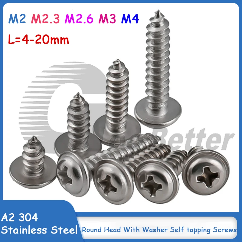 Купи A2 304 Stainless Steel Pan Round Head With Washer Self tapping Screws M2 M2.3 M2.6 M3 M4*L=4-20mm за 27 рублей в магазине AliExpress