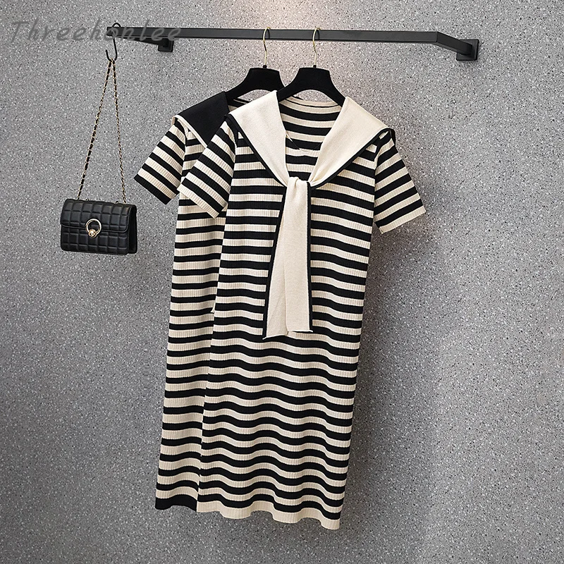 

Summer Ladies Plus Size Fashion Basics Knitted Fashion Fake Two-piece Black White Striped Shawl Dress Casual Student Clothing