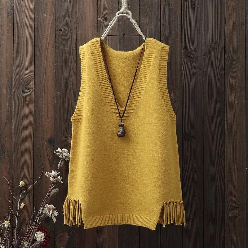 

V-neck Sweater Vest Women Casual Loose Fringed Student Knitted Halter Korean Version Of The Wild 2022 Spring Jumper Girl
