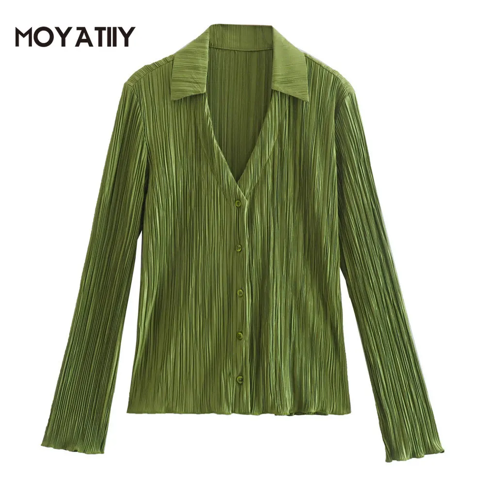 

MOYATIIY Women Fashion Pleated Green Shirts Classic Draped Solid Color Shirts Blouse Long Sleeve Female Tops