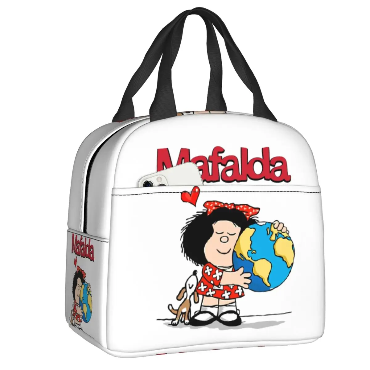 

Mafalda World Insulated Lunch Tote Bag for Women Quino Comic Cartoon Cooler Thermal Food Lunch Box Work School Travel