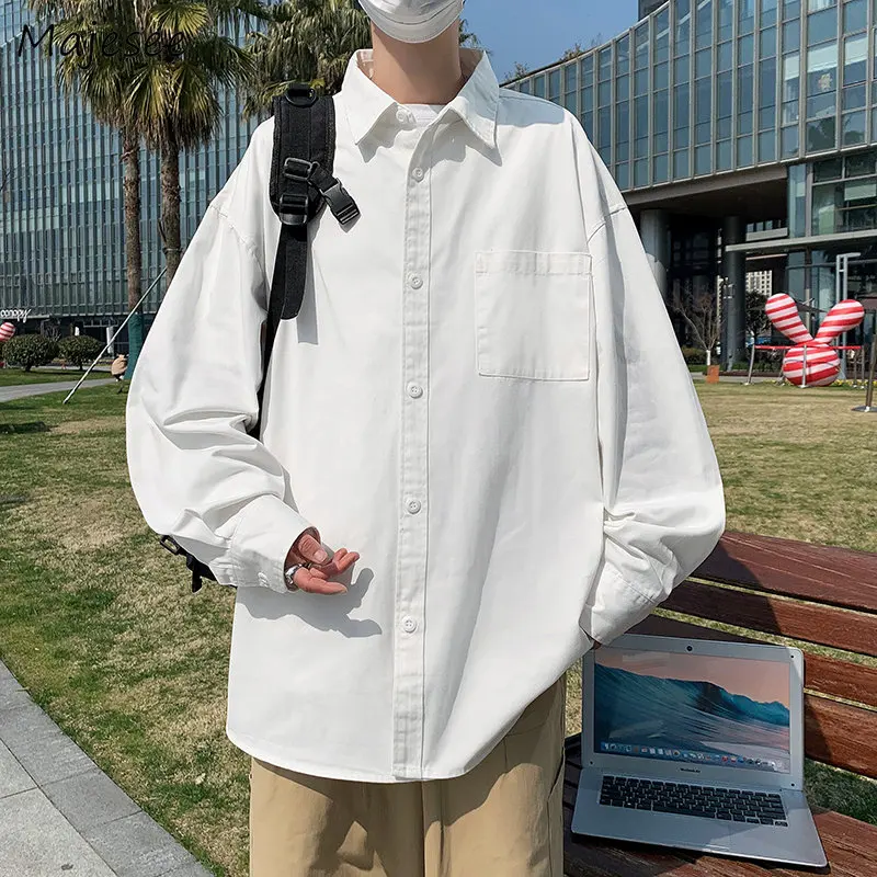 

Рубашка мужская с отложным воротником, модная блуза с длинным рукавом в японском стиле, в стиле ретро, белого цвета, в стиле Харадзюку, для подростков, весна
