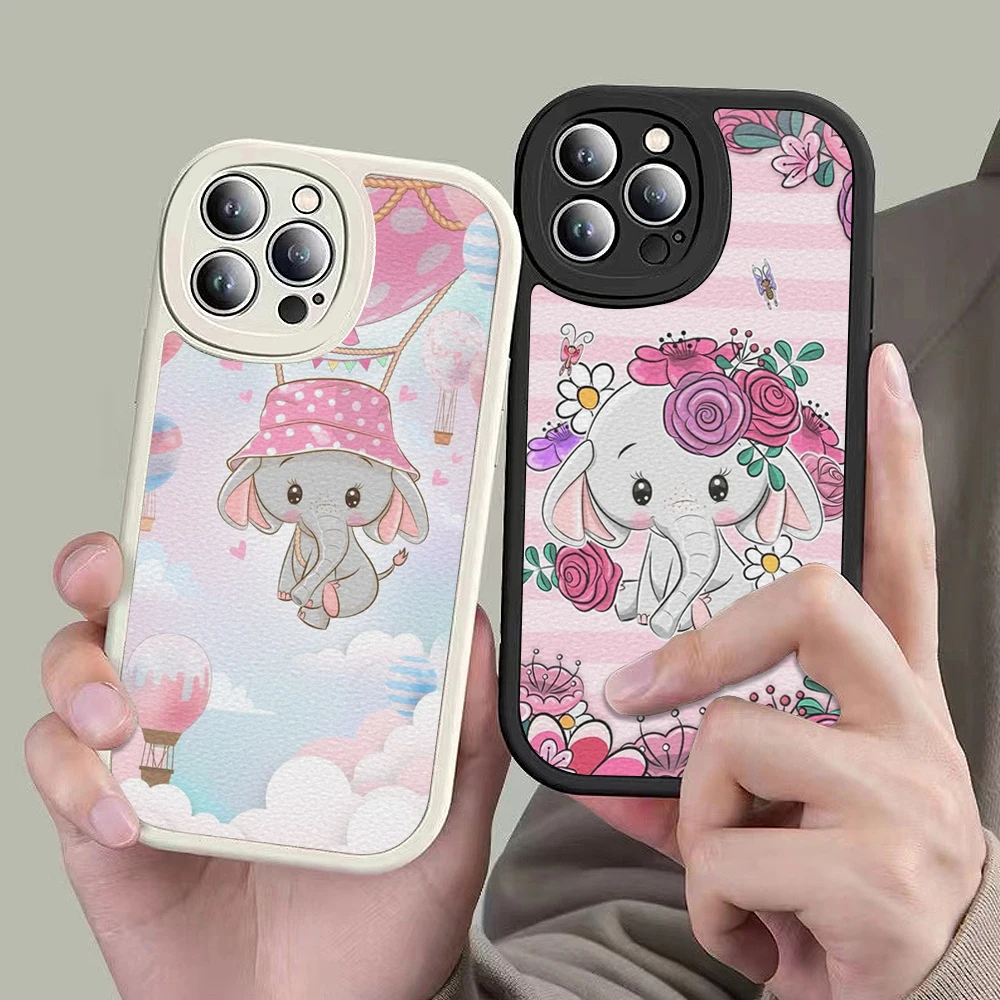 

Kawaii Cute Animal elephant Cartoon Lambskin case for iPhone14 13 11 12 Mini Pro MAX 8 7 Plus SE 2020 X XR XS Soft Leather cover