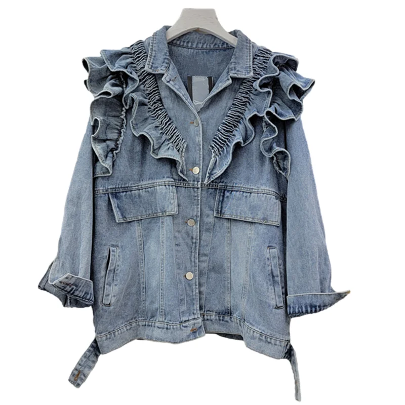 

Spring Autumn Ruched Ruffles Splicing Denim Jacket Women Loose Mid Length Cowboy Outerwear Vintage Casual Jeans Jacket Female