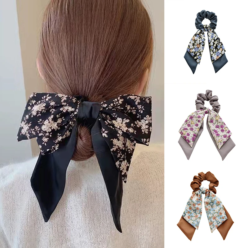 

Ponytail Ribbon Hair Ties Double Layer Bows Hair Rope Floral Print Big Bowknot Scrunchies Elastic Hairband Hair Accessories