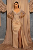 new stylish satin evening dresses crystal beaded applique long sleeves side split prom dress formal party second reception gowns