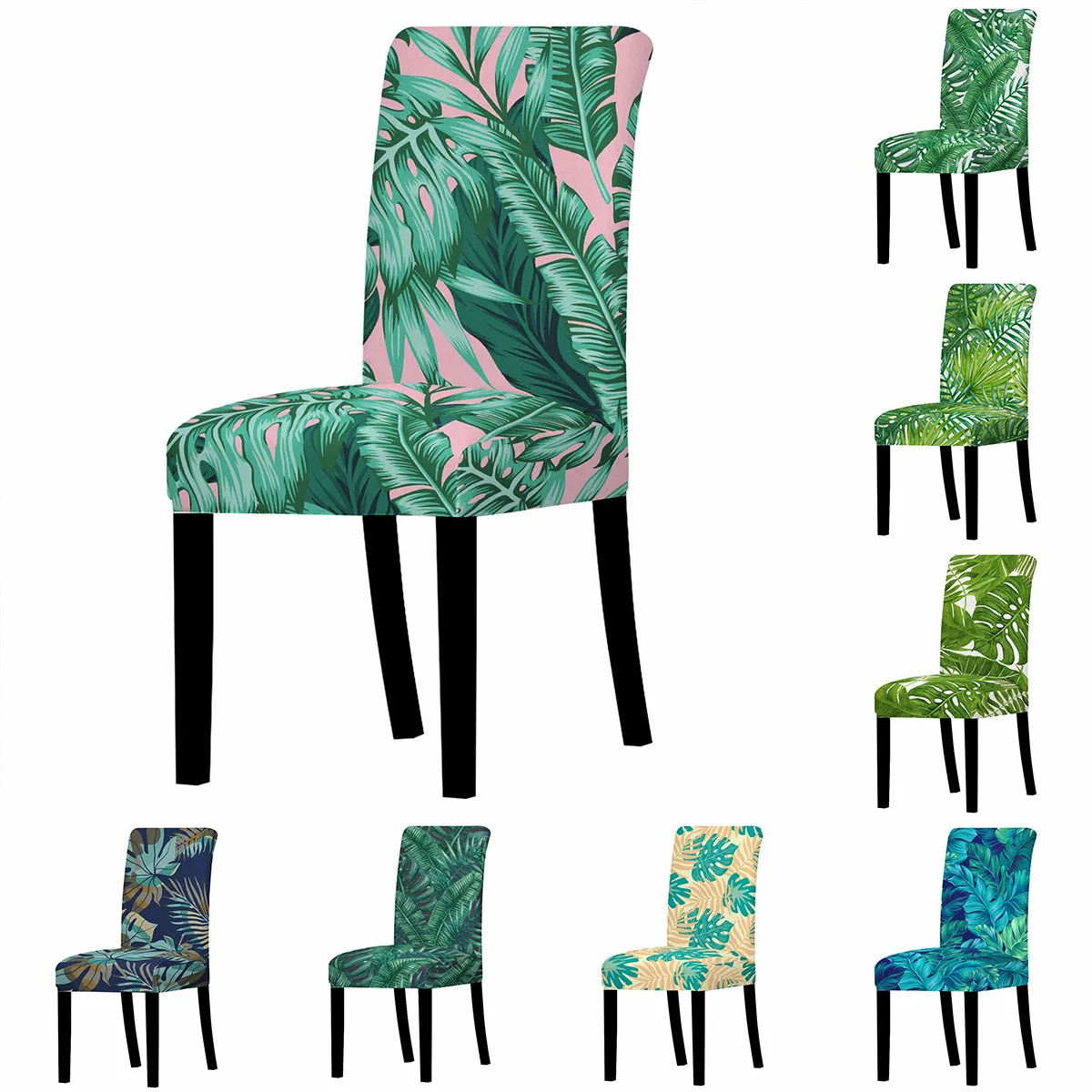 

Washable Stretch Elastic Seat Covers Green Leaves Design Chair Cover Removable Slipcovers for Banquet Hotel Dining Room Decor