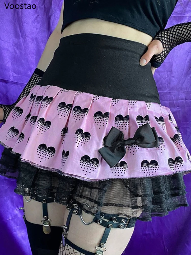 

Summer Gothic Y2k Bow Pleated Skirts Women Sweet Heart Print Mesh Patchwork Mini Skirt Girly Harajuku Chic High Waist Punk Skirt