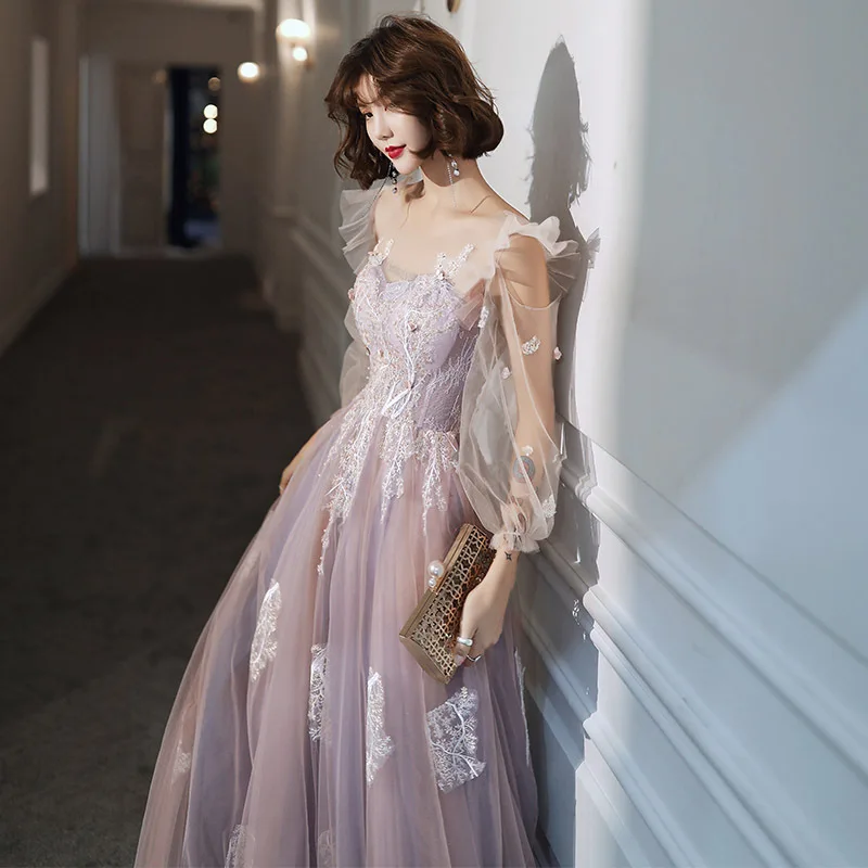 

2022 New Light Purple Evening Dress Exquisite Appliques Elegant Temperament Long Sleeve Tulle Long Banquet Party Dress